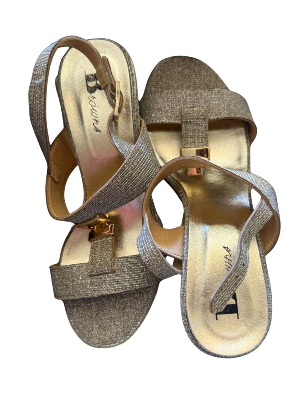 Browns Shoes Galassia Gold Metallic Shimmer Block Heel Sandals NIB Size 37 / 7